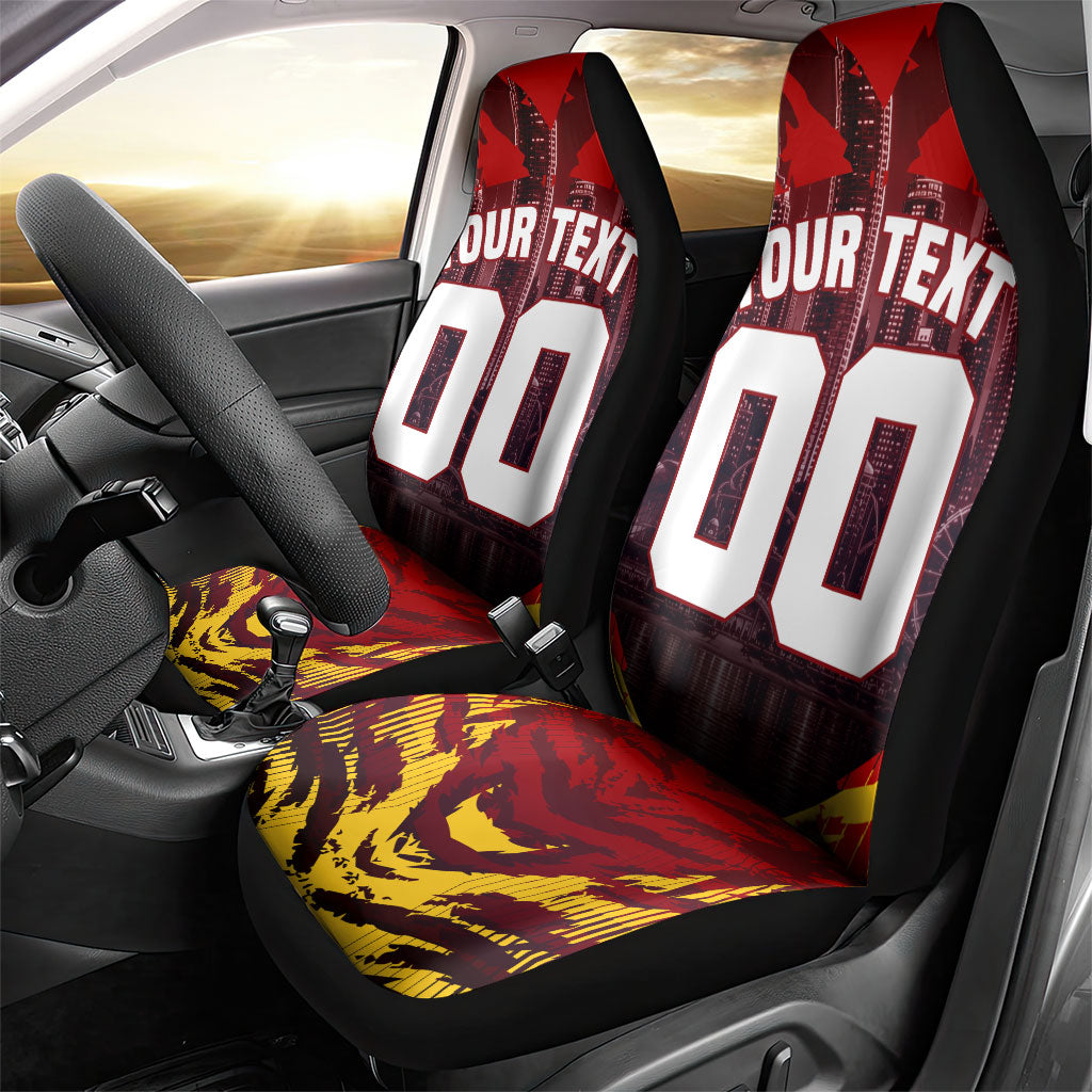 Personalised Gold Coast Suns Football Car Seat Cover Electric Red Flame Mascot Charging Cityscape
