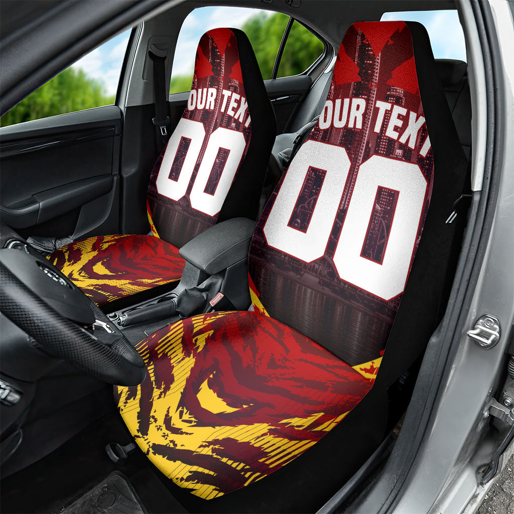 Personalised Gold Coast Suns Football Car Seat Cover Electric Red Flame Mascot Charging Cityscape