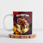 Personalised Gold Coast Suns Football Ceramic Mug Electric Red Flame Mascot Charging Cityscape