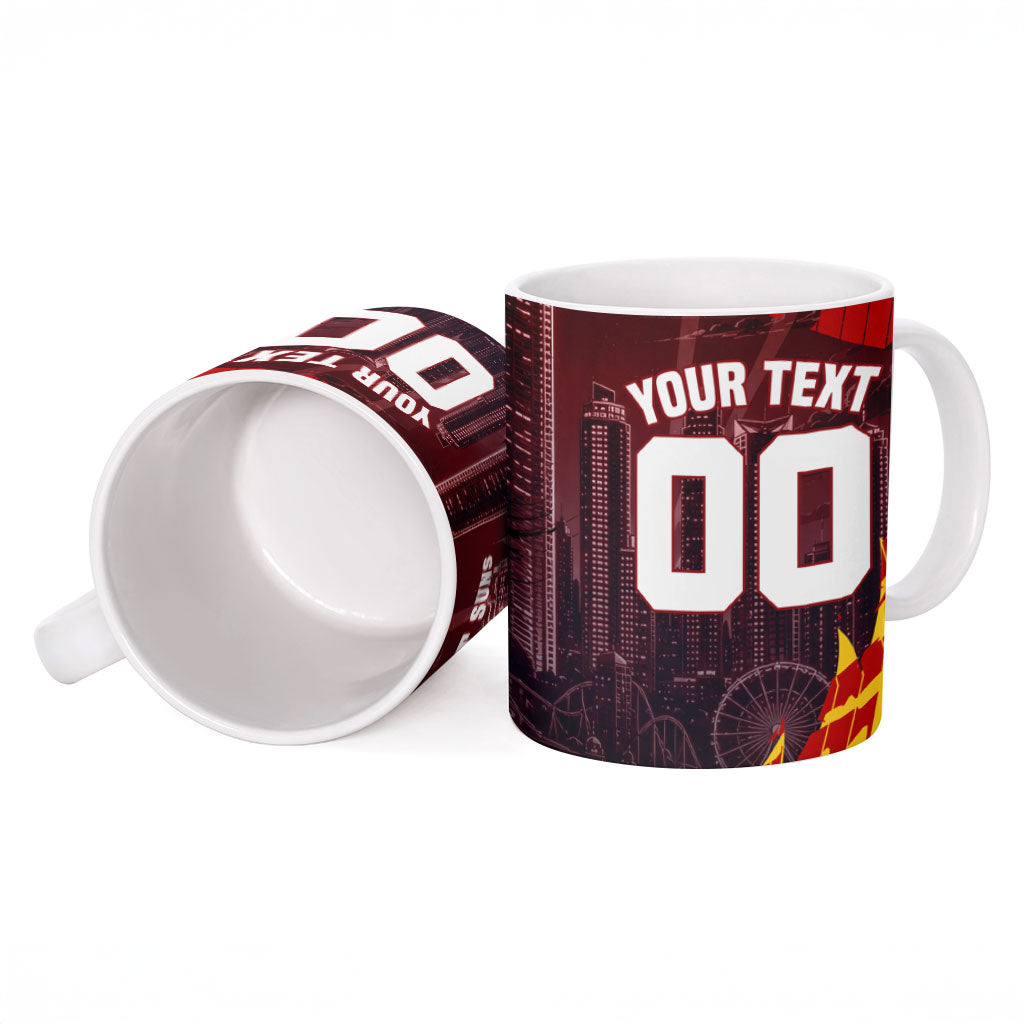 Personalised Gold Coast Suns Football Ceramic Mug Electric Red Flame Mascot Charging Cityscape
