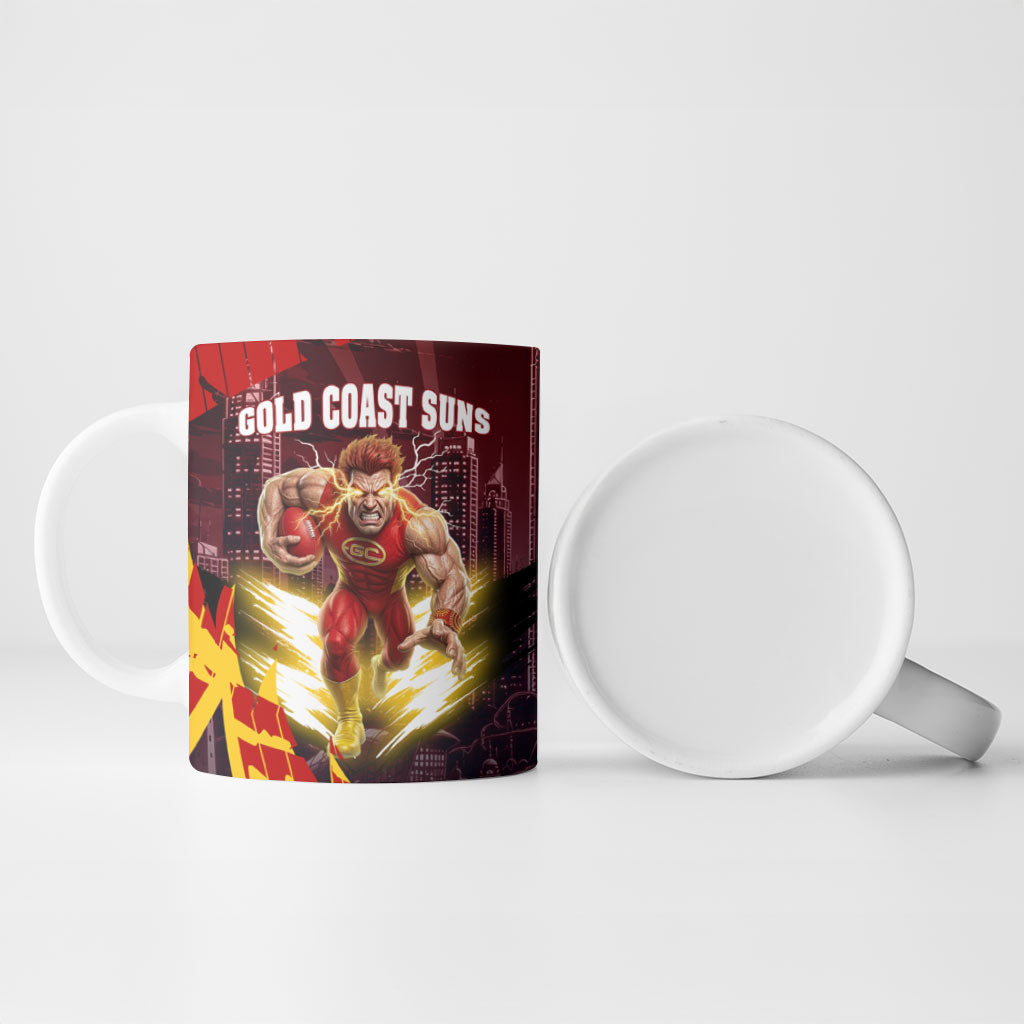 Personalised Gold Coast Suns Football Ceramic Mug Electric Red Flame Mascot Charging Cityscape