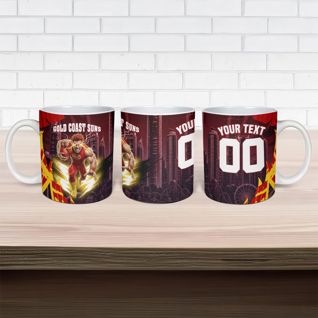 Personalised Gold Coast Suns Football Ceramic Mug Electric Red Flame Mascot Charging Cityscape