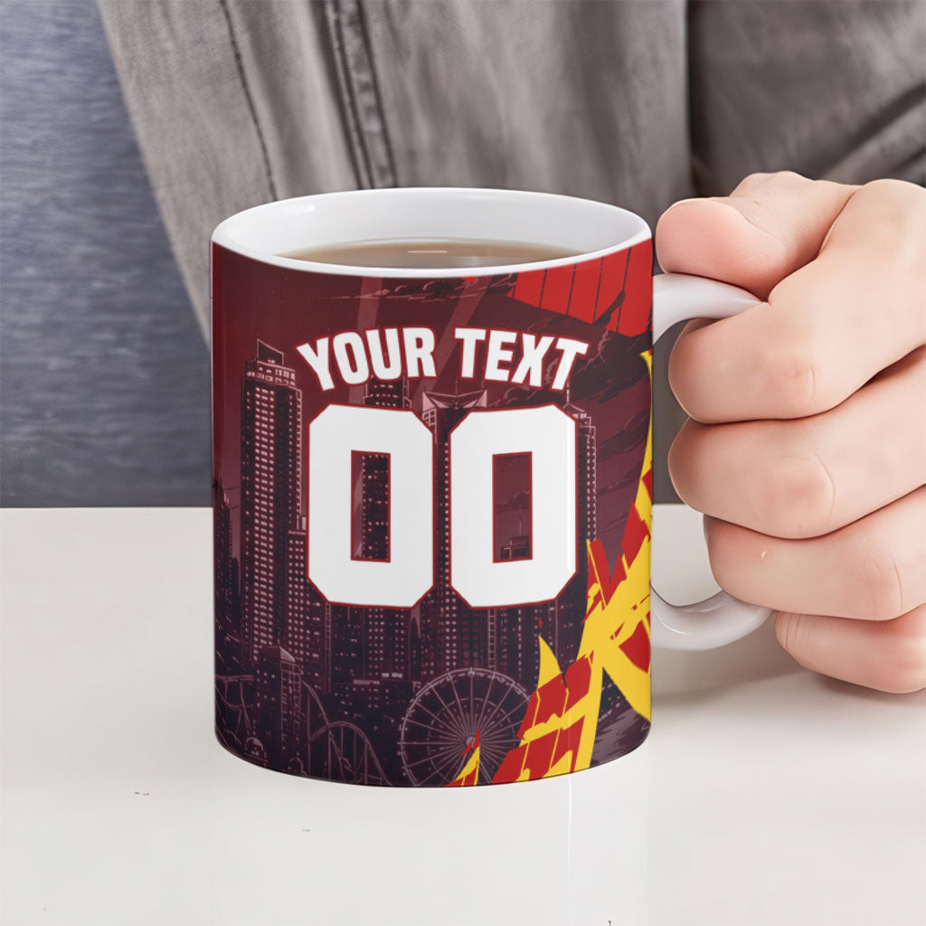 Personalised Gold Coast Suns Football Ceramic Mug Electric Red Flame Mascot Charging Cityscape