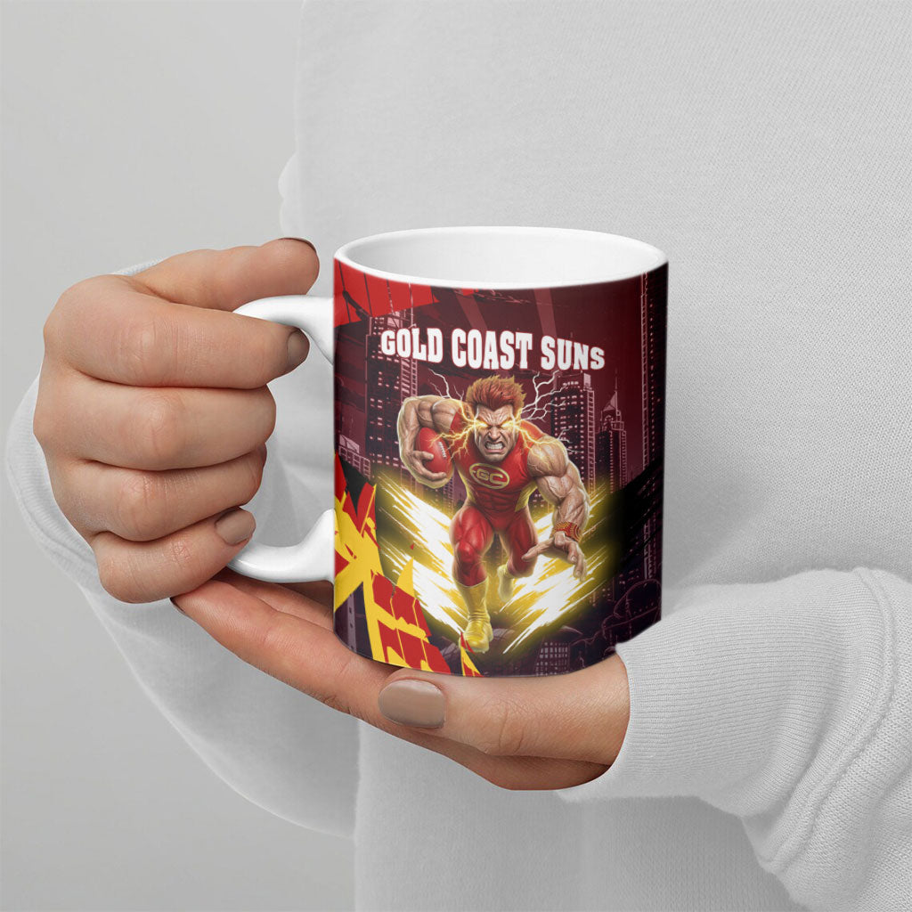 Personalised Gold Coast Suns Football Ceramic Mug Electric Red Flame Mascot Charging Cityscape