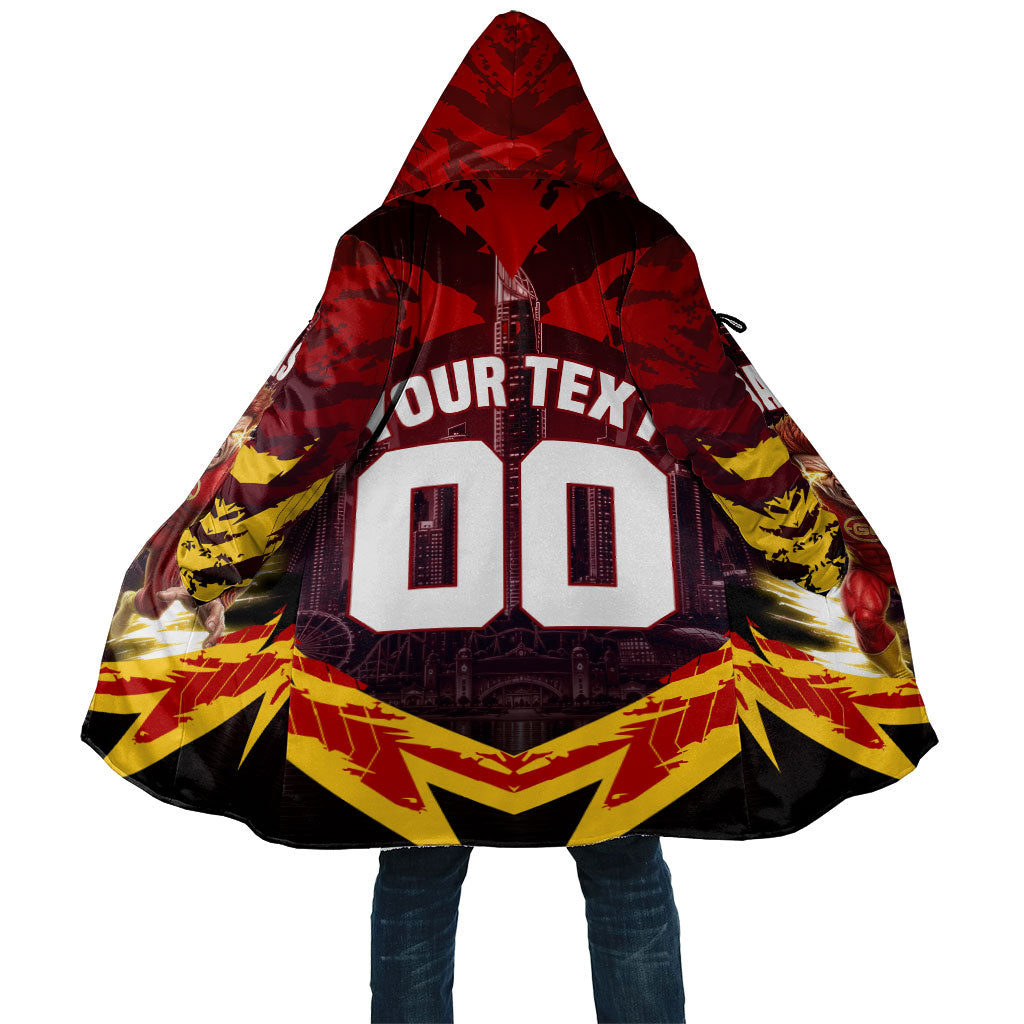 Personalised Gold Coast Suns Football Cloak Electric Red Flame Mascot Charging Cityscape