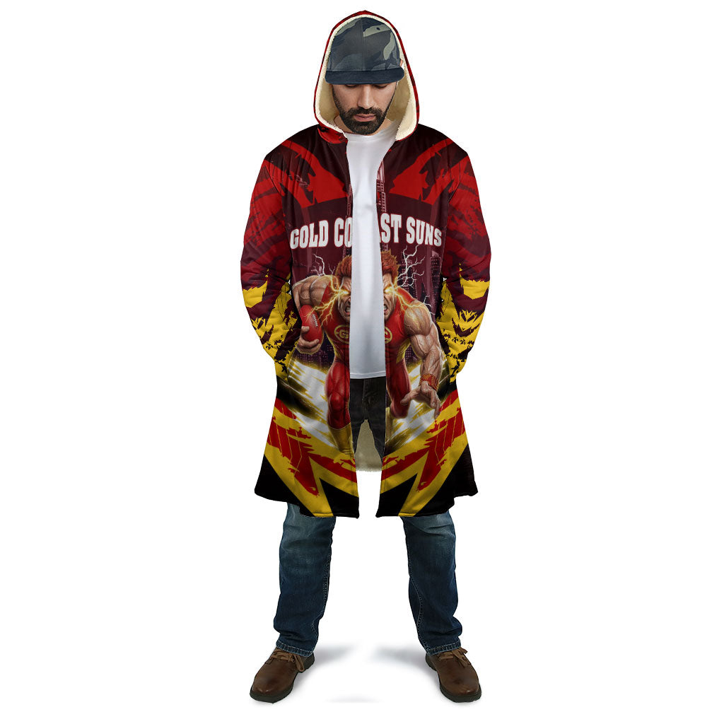 Personalised Gold Coast Suns Football Cloak Electric Red Flame Mascot Charging Cityscape