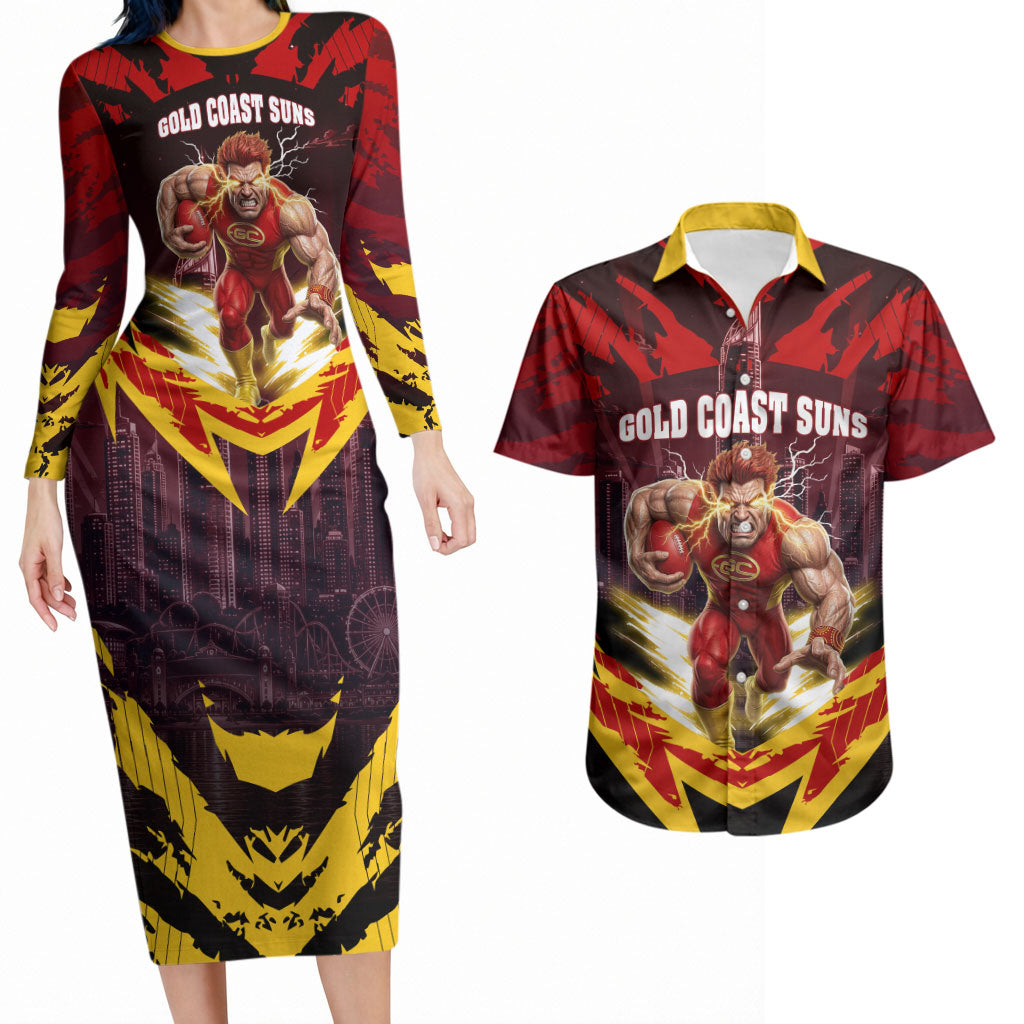 Personalised Gold Coast Suns Football Couples Matching Long Sleeve Bodycon Dress and Hawaiian Shirt Electric Red Flame Mascot Charging Cityscape