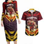Personalised Gold Coast Suns Football Couples Matching Long Sleeve Bodycon Dress and Hawaiian Shirt Electric Red Flame Mascot Charging Cityscape
