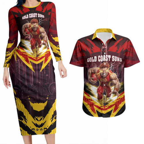 Personalised Gold Coast Suns Football Couples Matching Long Sleeve Bodycon Dress and Hawaiian Shirt Electric Red Flame Mascot Charging Cityscape