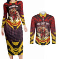 Personalised Gold Coast Suns Football Couples Matching Long Sleeve Bodycon Dress and Long Sleeve Button Shirt Electric Red Flame Mascot Charging Cityscape