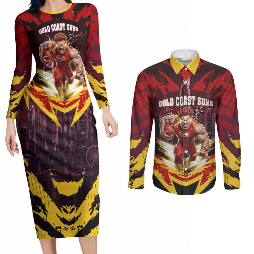 Personalised Gold Coast Suns Football Couples Matching Long Sleeve Bodycon Dress and Long Sleeve Button Shirt Electric Red Flame Mascot Charging Cityscape