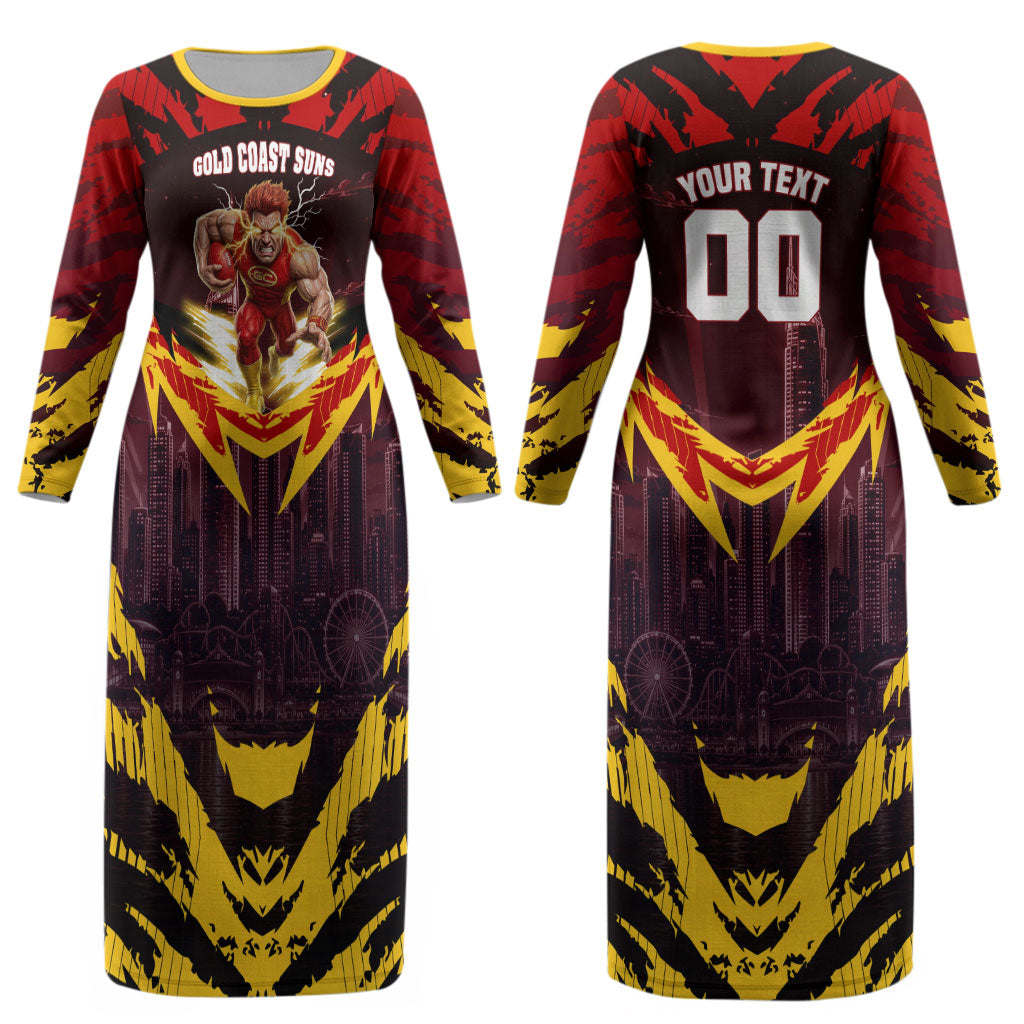 Personalised Gold Coast Suns Football Couples Matching Long Sleeve Bodycon Dress and Long Sleeve Button Shirt Electric Red Flame Mascot Charging Cityscape