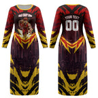 Personalised Gold Coast Suns Football Couples Matching Long Sleeve Bodycon Dress and Long Sleeve Button Shirt Electric Red Flame Mascot Charging Cityscape