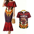 Personalised Gold Coast Suns Football Couples Matching Mermaid Dress and Hawaiian Shirt Electric Red Flame Mascot Charging Cityscape