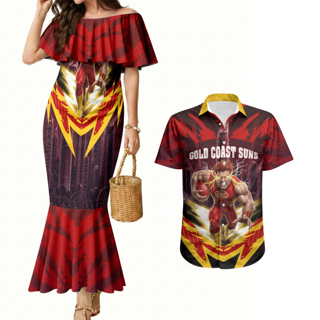 Personalised Gold Coast Suns Football Couples Matching Mermaid Dress and Hawaiian Shirt Electric Red Flame Mascot Charging Cityscape