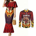 Personalised Gold Coast Suns Football Couples Matching Mermaid Dress and Long Sleeve Button Shirt Electric Red Flame Mascot Charging Cityscape