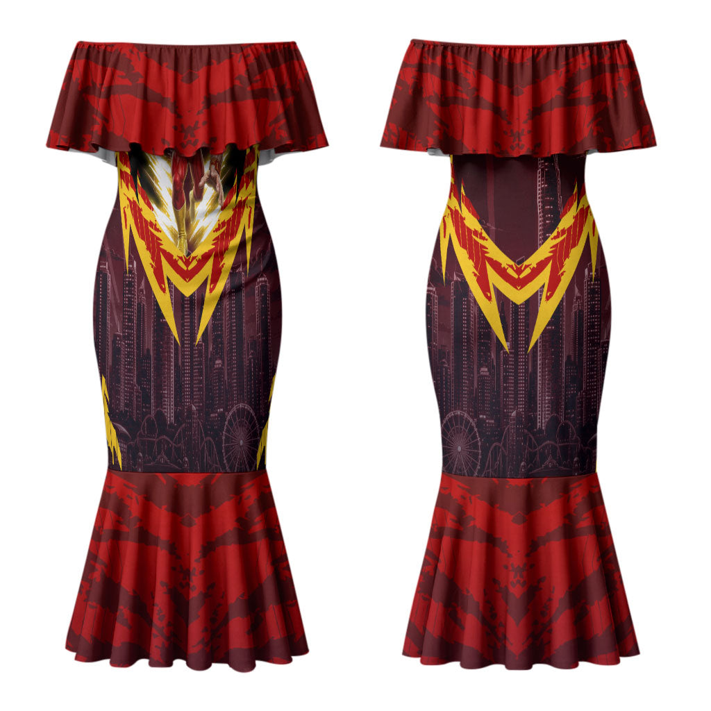 Personalised Gold Coast Suns Football Couples Matching Mermaid Dress and Long Sleeve Button Shirt Electric Red Flame Mascot Charging Cityscape
