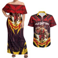 Personalised Gold Coast Suns Football Couples Matching Off Shoulder Maxi Dress and Hawaiian Shirt Electric Red Flame Mascot Charging Cityscape