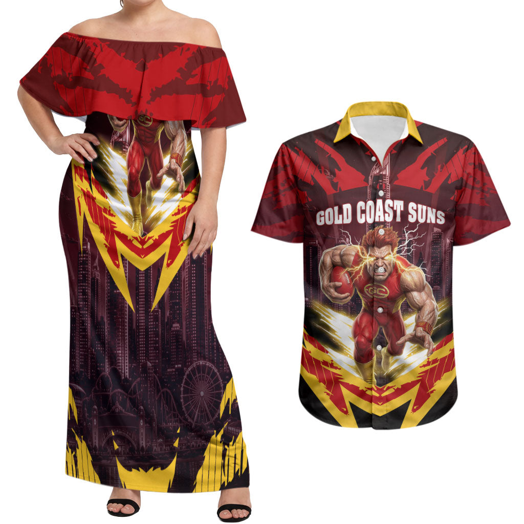 Personalised Gold Coast Suns Football Couples Matching Off Shoulder Maxi Dress and Hawaiian Shirt Electric Red Flame Mascot Charging Cityscape