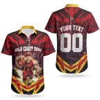 Personalised Gold Coast Suns Football Couples Matching Off Shoulder Maxi Dress and Hawaiian Shirt Electric Red Flame Mascot Charging Cityscape