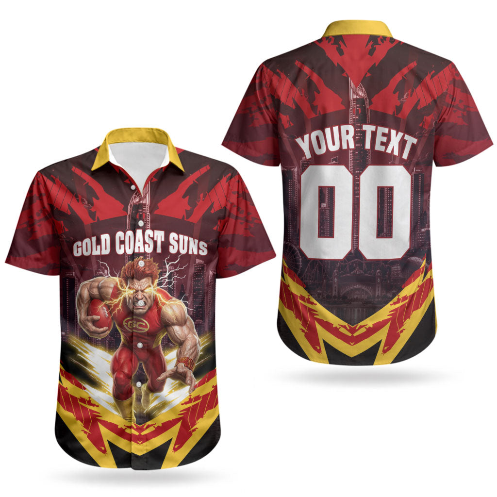 Personalised Gold Coast Suns Football Couples Matching Off Shoulder Maxi Dress and Hawaiian Shirt Electric Red Flame Mascot Charging Cityscape
