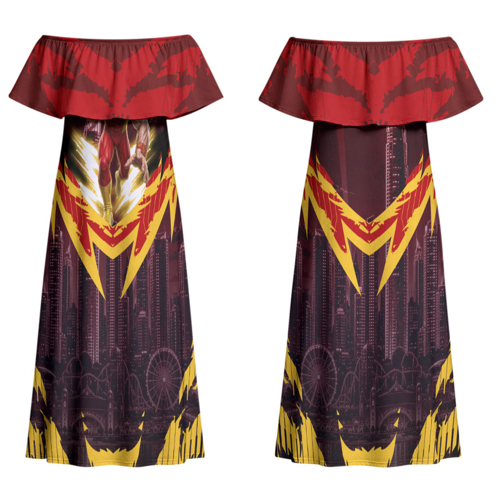 Personalised Gold Coast Suns Football Couples Matching Off Shoulder Maxi Dress and Hawaiian Shirt Electric Red Flame Mascot Charging Cityscape