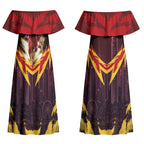 Personalised Gold Coast Suns Football Couples Matching Off Shoulder Maxi Dress and Hawaiian Shirt Electric Red Flame Mascot Charging Cityscape