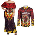 Personalised Gold Coast Suns Football Couples Matching Off Shoulder Maxi Dress and Long Sleeve Button Shirt Electric Red Flame Mascot Charging Cityscape