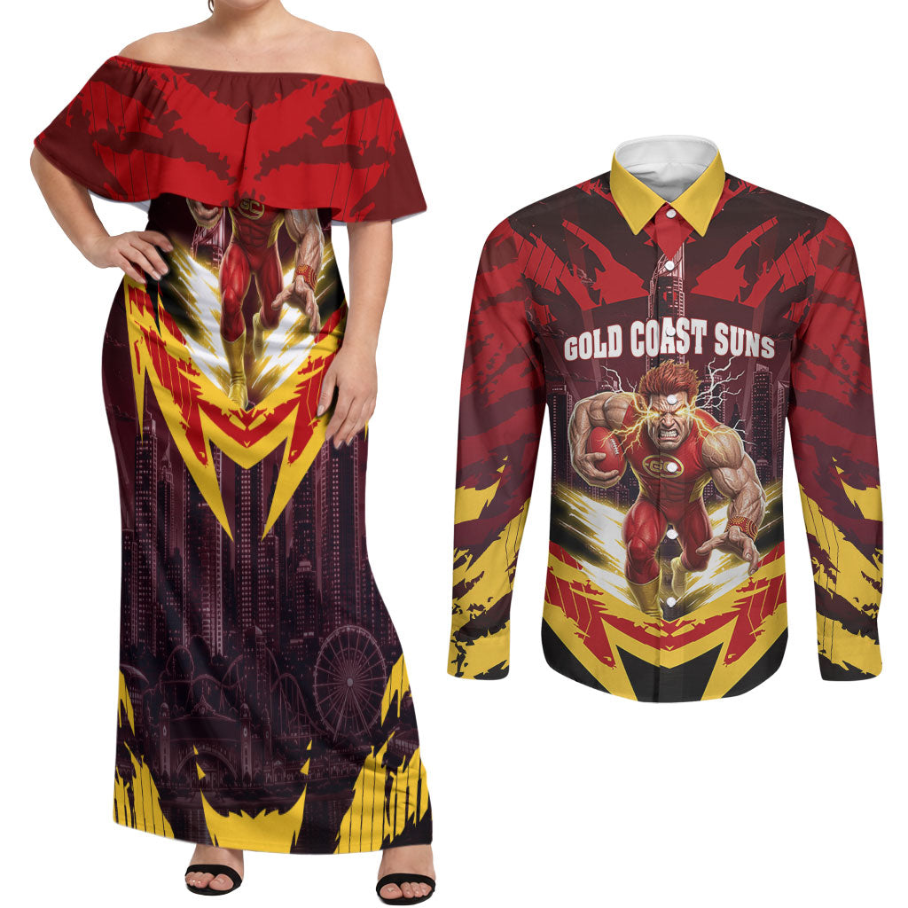 Personalised Gold Coast Suns Football Couples Matching Off Shoulder Maxi Dress and Long Sleeve Button Shirt Electric Red Flame Mascot Charging Cityscape