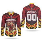 Personalised Gold Coast Suns Football Couples Matching Off Shoulder Maxi Dress and Long Sleeve Button Shirt Electric Red Flame Mascot Charging Cityscape