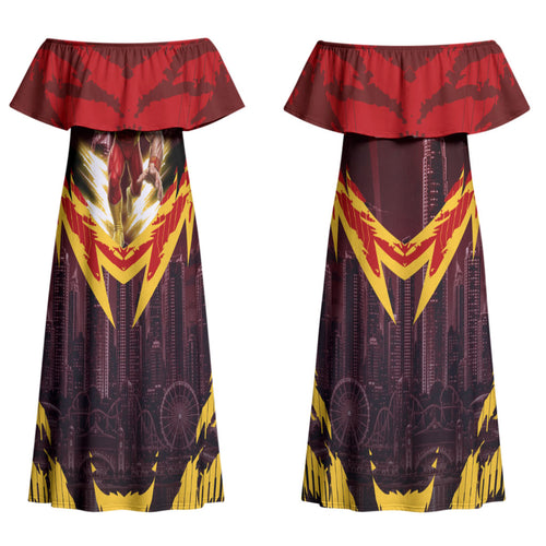 Personalised Gold Coast Suns Football Couples Matching Off Shoulder Maxi Dress and Long Sleeve Button Shirt Electric Red Flame Mascot Charging Cityscape