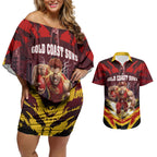 Personalised Gold Coast Suns Football Couples Matching Off Shoulder Short Dress and Hawaiian Shirt Electric Red Flame Mascot Charging Cityscape