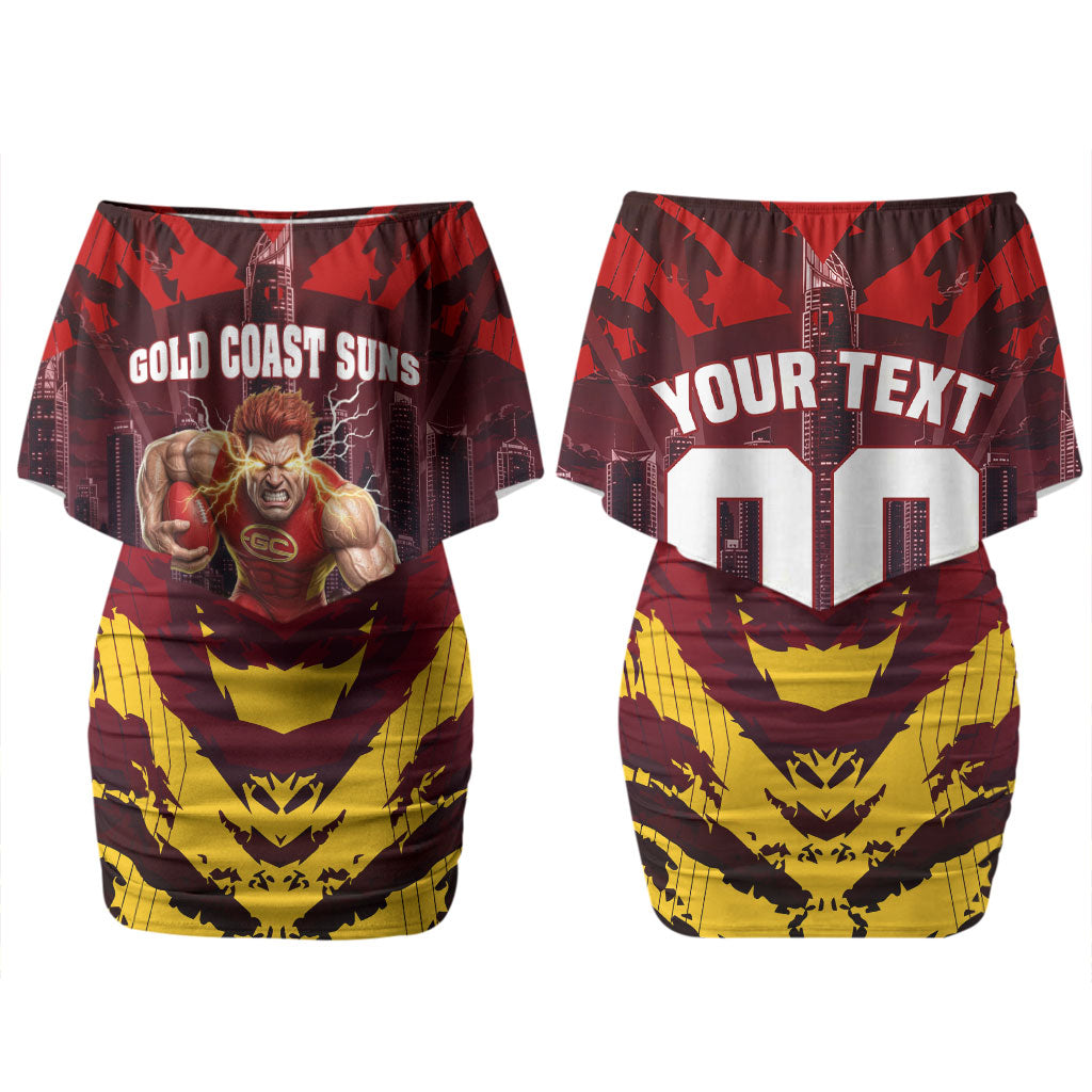 Personalised Gold Coast Suns Football Couples Matching Off Shoulder Short Dress and Hawaiian Shirt Electric Red Flame Mascot Charging Cityscape