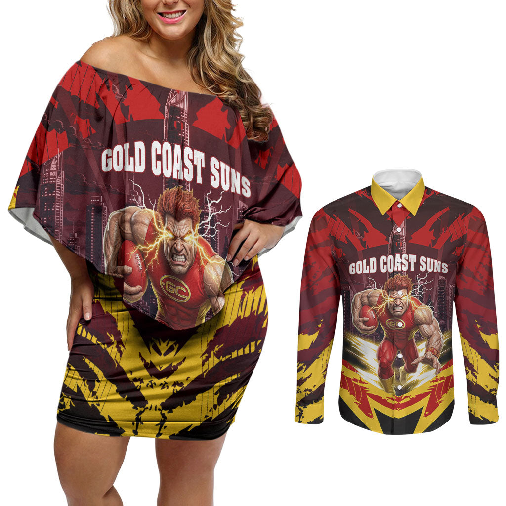 Personalised Gold Coast Suns Football Couples Matching Off Shoulder Short Dress and Long Sleeve Button Shirt Electric Red Flame Mascot Charging Cityscape