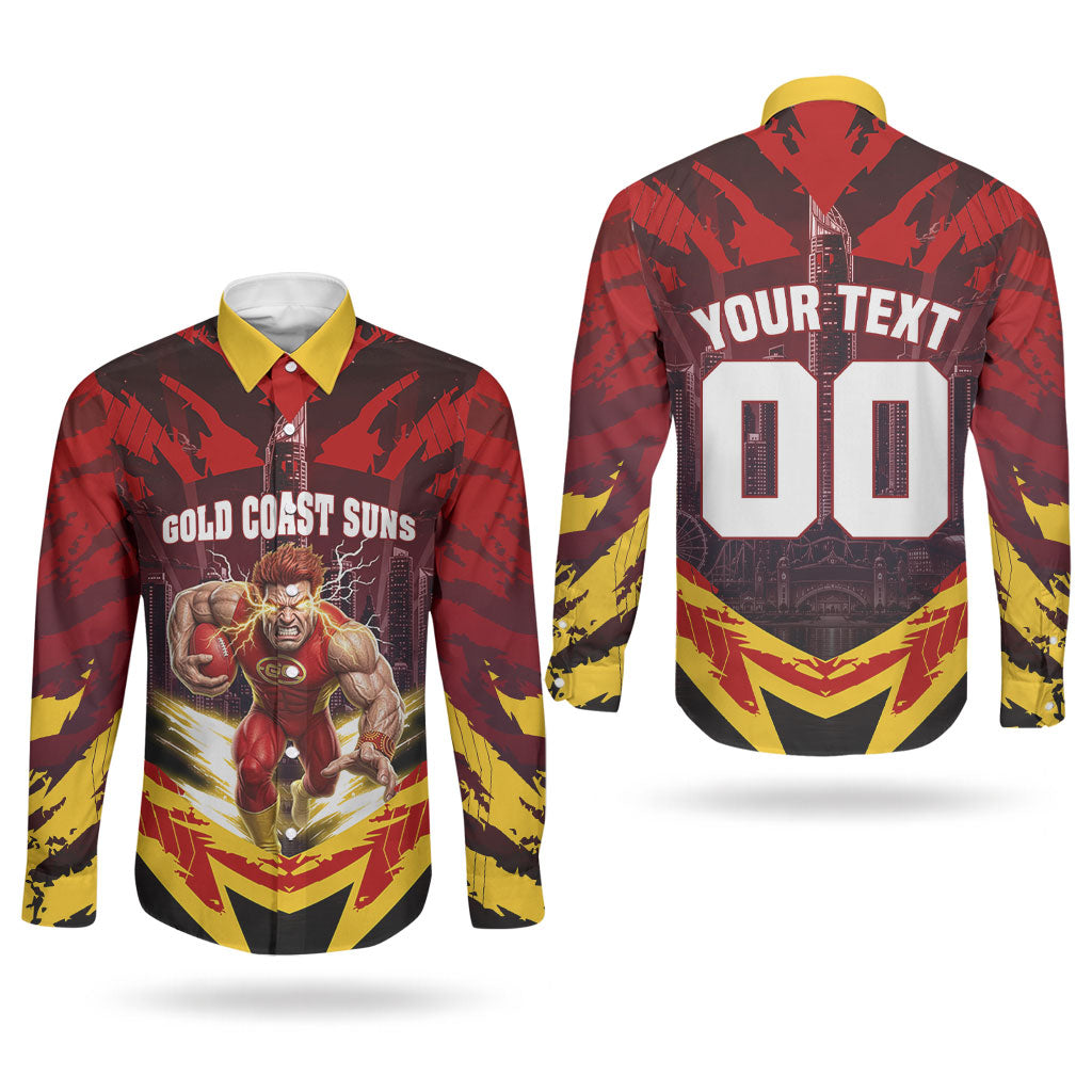 Personalised Gold Coast Suns Football Couples Matching Off Shoulder Short Dress and Long Sleeve Button Shirt Electric Red Flame Mascot Charging Cityscape