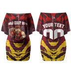 Personalised Gold Coast Suns Football Couples Matching Off Shoulder Short Dress and Long Sleeve Button Shirt Electric Red Flame Mascot Charging Cityscape