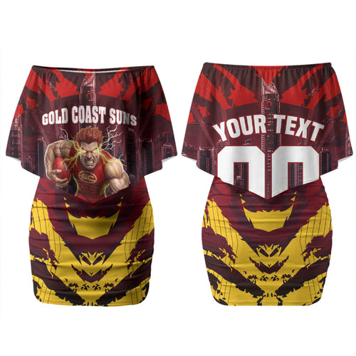 Personalised Gold Coast Suns Football Couples Matching Off Shoulder Short Dress and Long Sleeve Button Shirt Electric Red Flame Mascot Charging Cityscape