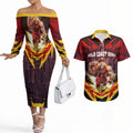 Personalised Gold Coast Suns Football Couples Matching Off The Shoulder Long Sleeve Dress and Hawaiian Shirt Electric Red Flame Mascot Charging Cityscape