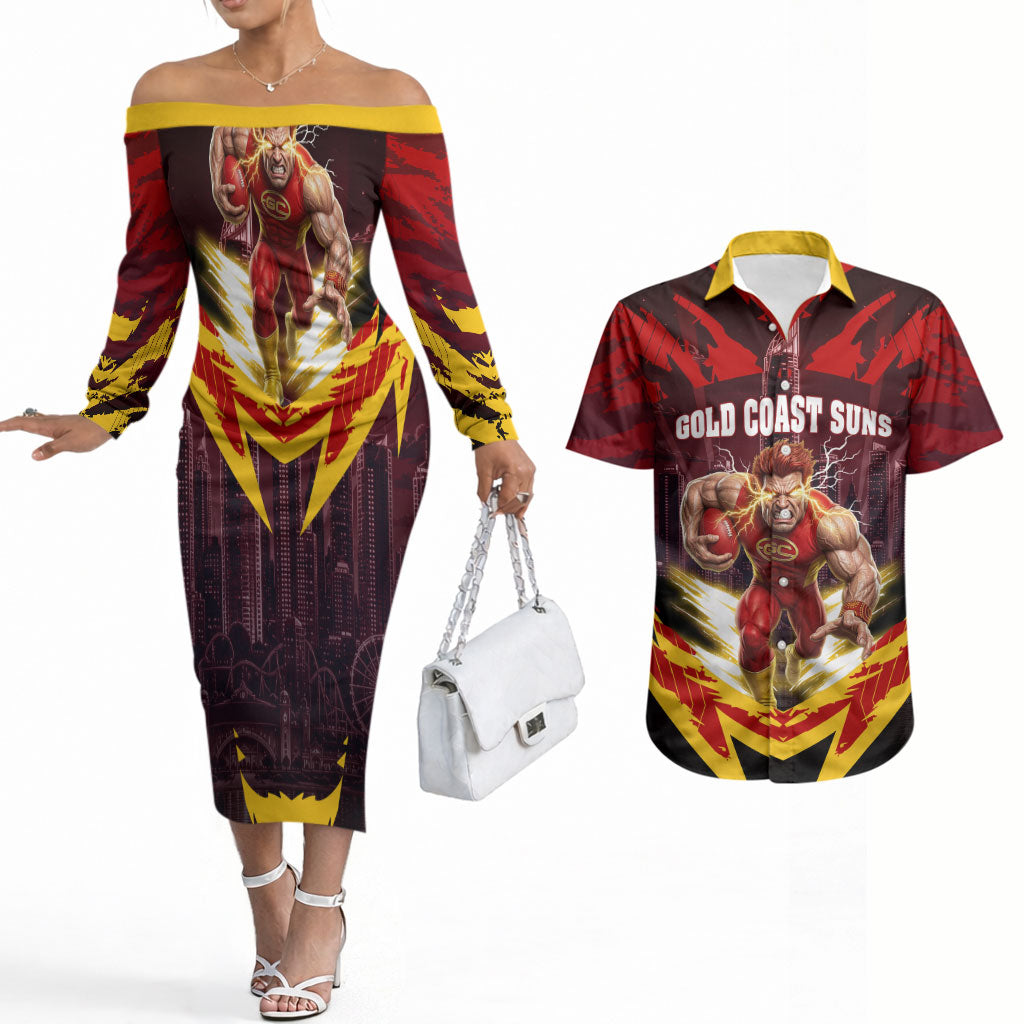 Personalised Gold Coast Suns Football Couples Matching Off The Shoulder Long Sleeve Dress and Hawaiian Shirt Electric Red Flame Mascot Charging Cityscape