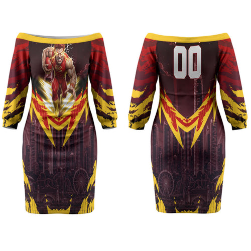 Personalised Gold Coast Suns Football Couples Matching Off The Shoulder Long Sleeve Dress and Hawaiian Shirt Electric Red Flame Mascot Charging Cityscape