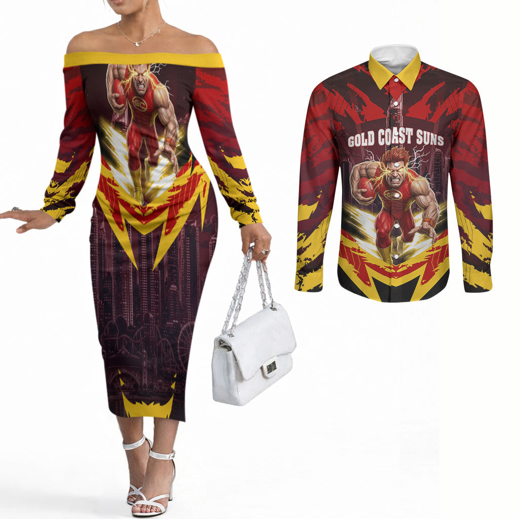 Personalised Gold Coast Suns Football Couples Matching Off The Shoulder Long Sleeve Dress and Long Sleeve Button Shirt Electric Red Flame Mascot Charging Cityscape