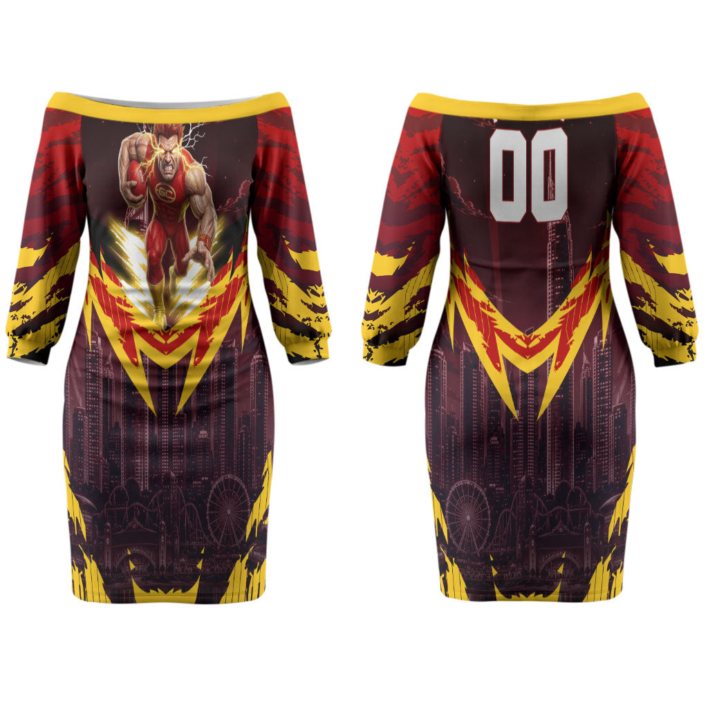 Personalised Gold Coast Suns Football Couples Matching Off The Shoulder Long Sleeve Dress and Long Sleeve Button Shirt Electric Red Flame Mascot Charging Cityscape