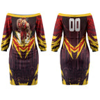 Personalised Gold Coast Suns Football Couples Matching Off The Shoulder Long Sleeve Dress and Long Sleeve Button Shirt Electric Red Flame Mascot Charging Cityscape