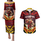 Personalised Gold Coast Suns Football Couples Matching Puletasi and Hawaiian Shirt Electric Red Flame Mascot Charging Cityscape