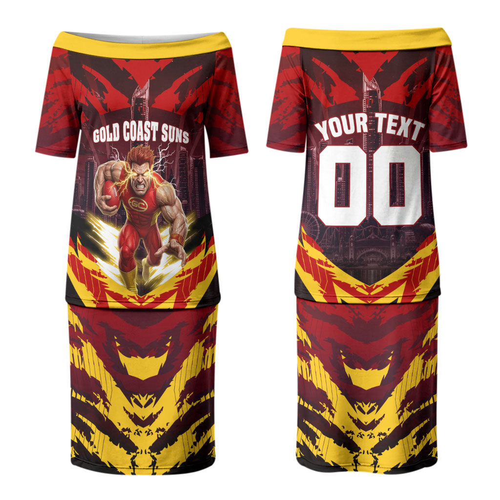 Personalised Gold Coast Suns Football Couples Matching Puletasi and Hawaiian Shirt Electric Red Flame Mascot Charging Cityscape