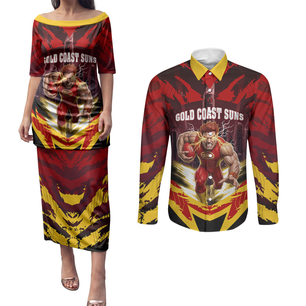 Personalised Gold Coast Suns Football Couples Matching Puletasi and Long Sleeve Button Shirt Electric Red Flame Mascot Charging Cityscape