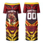 Personalised Gold Coast Suns Football Couples Matching Puletasi and Long Sleeve Button Shirt Electric Red Flame Mascot Charging Cityscape