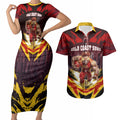 Personalised Gold Coast Suns Football Couples Matching Short Sleeve Bodycon Dress and Hawaiian Shirt Electric Red Flame Mascot Charging Cityscape