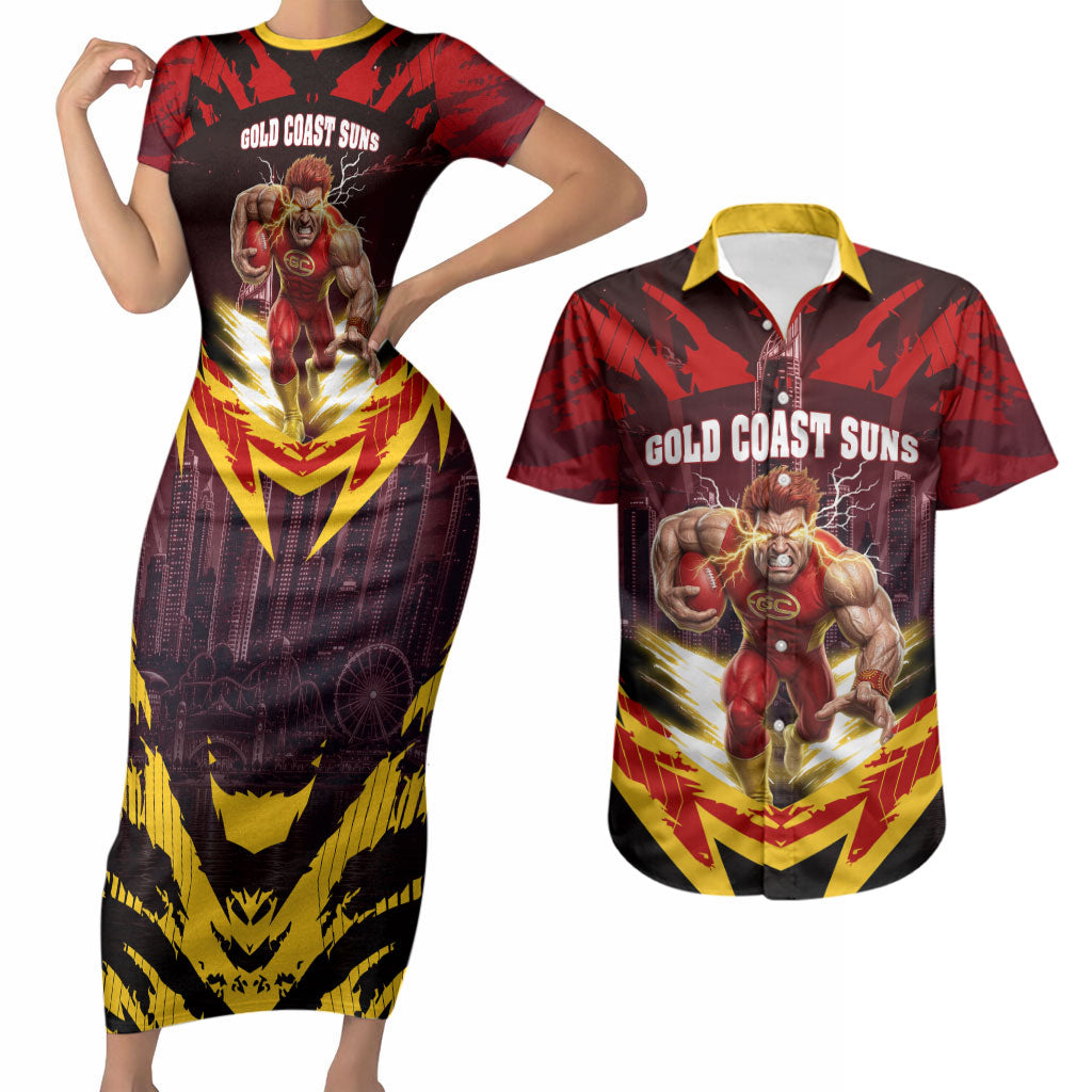 Personalised Gold Coast Suns Football Couples Matching Short Sleeve Bodycon Dress and Hawaiian Shirt Electric Red Flame Mascot Charging Cityscape