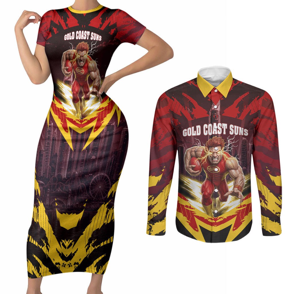 Personalised Gold Coast Suns Football Couples Matching Short Sleeve Bodycon Dress and Long Sleeve Button Shirt Electric Red Flame Mascot Charging Cityscape